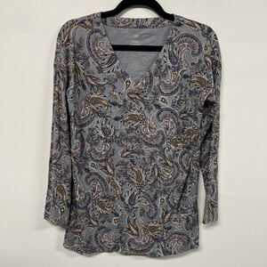 J Jill Simply Supima Tunic Womens Size XS Gray Purple Paisley V-neck Long Sleeve